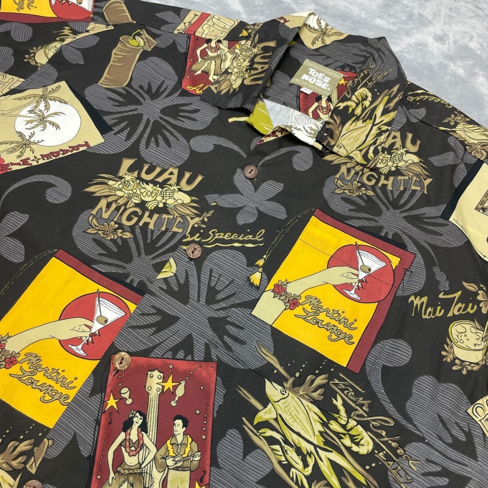 Toes on the Nose Mens Martini Tiki Shirt Size L Black Luau Aloha Button Up Camp